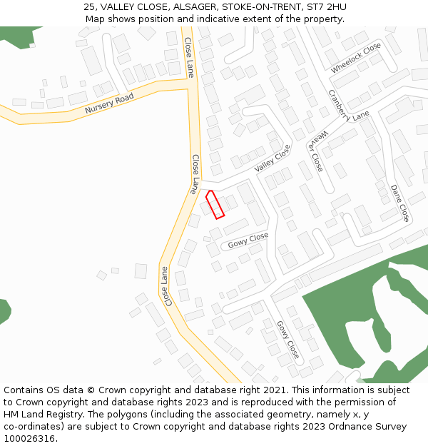 25, VALLEY CLOSE, ALSAGER, STOKE-ON-TRENT, ST7 2HU: Location map and indicative extent of plot