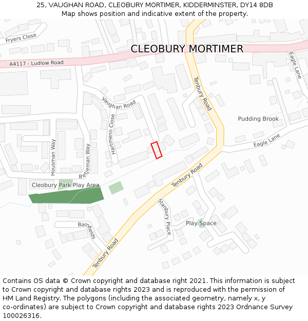 25, VAUGHAN ROAD, CLEOBURY MORTIMER, KIDDERMINSTER, DY14 8DB: Location map and indicative extent of plot