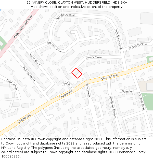 25, VINERY CLOSE, CLAYTON WEST, HUDDERSFIELD, HD8 9XH: Location map and indicative extent of plot