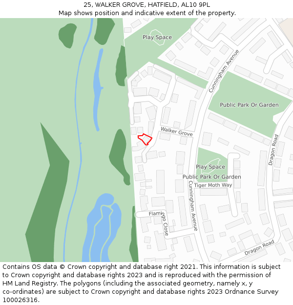 25, WALKER GROVE, HATFIELD, AL10 9PL: Location map and indicative extent of plot