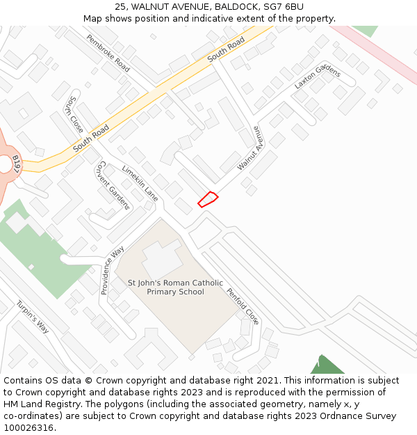 25, WALNUT AVENUE, BALDOCK, SG7 6BU: Location map and indicative extent of plot
