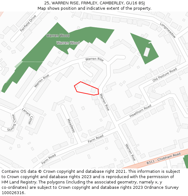 25, WARREN RISE, FRIMLEY, CAMBERLEY, GU16 8SJ: Location map and indicative extent of plot