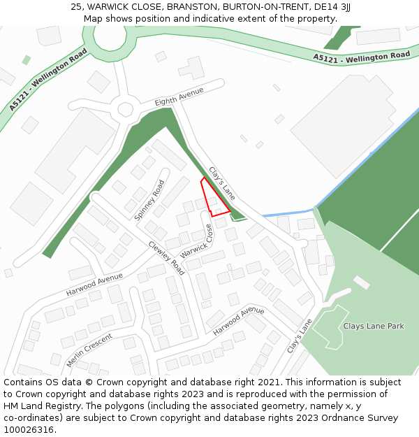 25, WARWICK CLOSE, BRANSTON, BURTON-ON-TRENT, DE14 3JJ: Location map and indicative extent of plot