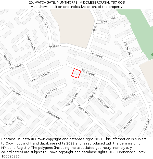 25, WATCHGATE, NUNTHORPE, MIDDLESBROUGH, TS7 0QS: Location map and indicative extent of plot
