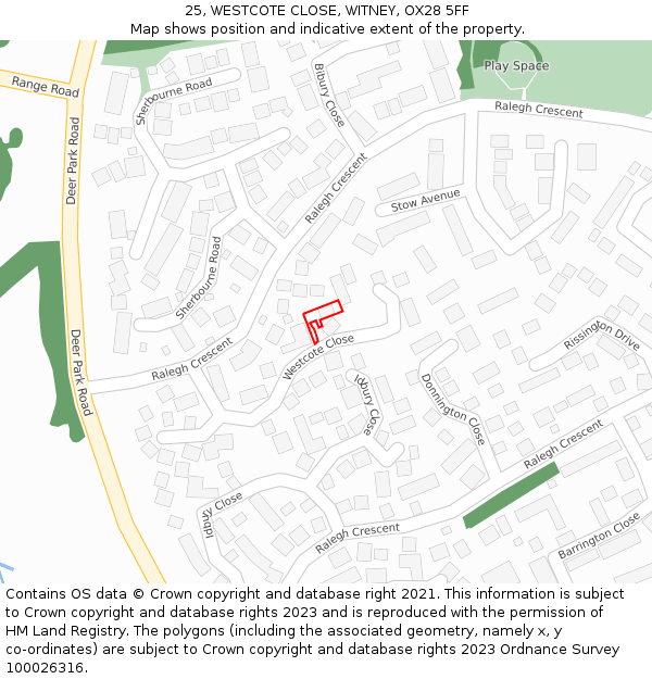 25, WESTCOTE CLOSE, WITNEY, OX28 5FF: Location map and indicative extent of plot