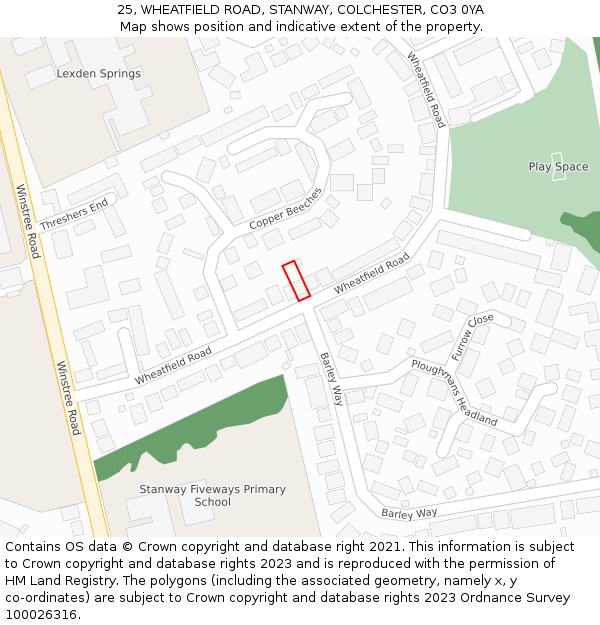 25, WHEATFIELD ROAD, STANWAY, COLCHESTER, CO3 0YA: Location map and indicative extent of plot