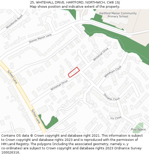 25, WHITEHALL DRIVE, HARTFORD, NORTHWICH, CW8 1SJ: Location map and indicative extent of plot