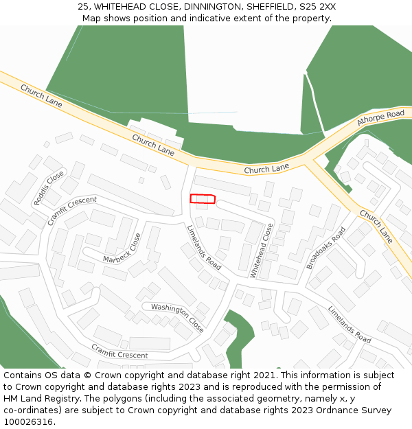 25, WHITEHEAD CLOSE, DINNINGTON, SHEFFIELD, S25 2XX: Location map and indicative extent of plot