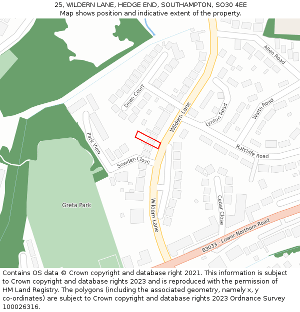 25, WILDERN LANE, HEDGE END, SOUTHAMPTON, SO30 4EE: Location map and indicative extent of plot