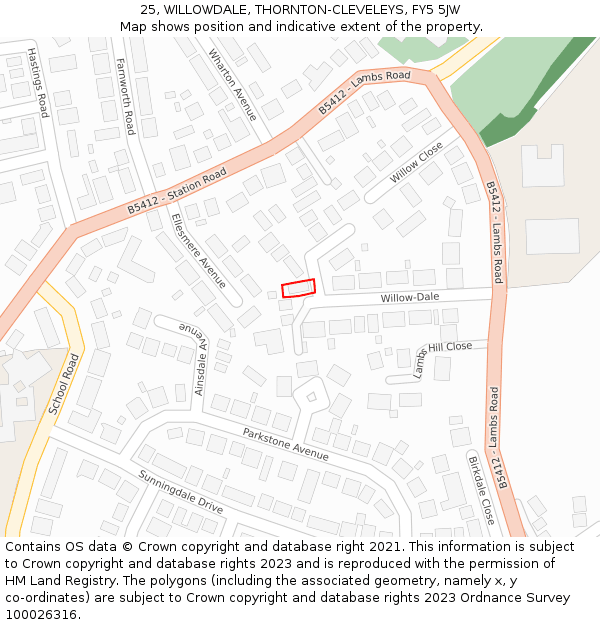 25, WILLOWDALE, THORNTON-CLEVELEYS, FY5 5JW: Location map and indicative extent of plot