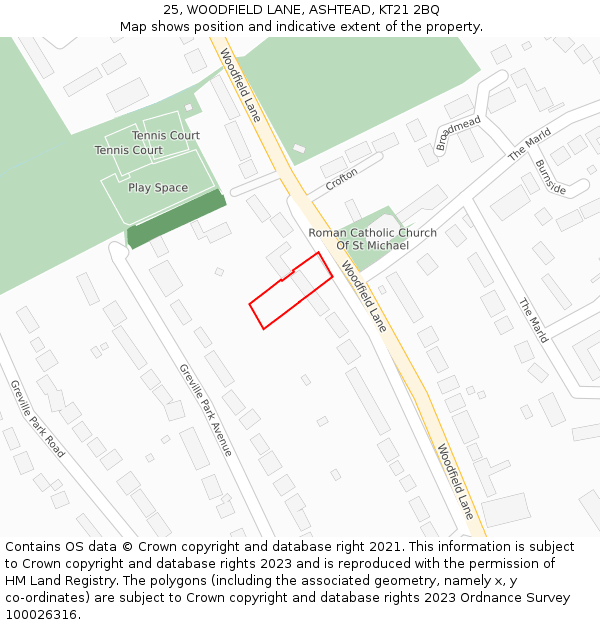25, WOODFIELD LANE, ASHTEAD, KT21 2BQ: Location map and indicative extent of plot