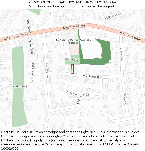 25, WOODHOUSE ROAD, HOYLAND, BARNSLEY, S74 9AW: Location map and indicative extent of plot