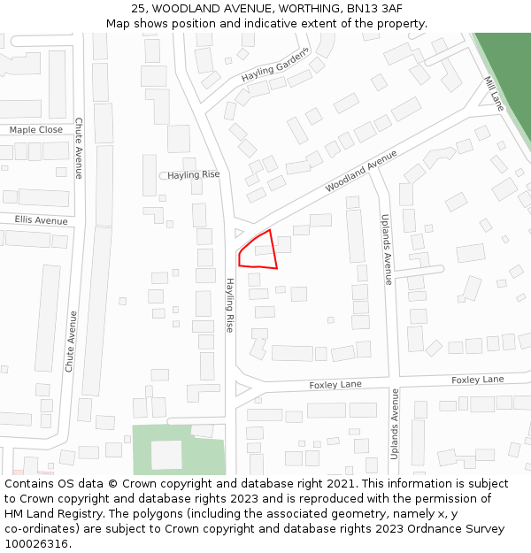 25, WOODLAND AVENUE, WORTHING, BN13 3AF: Location map and indicative extent of plot