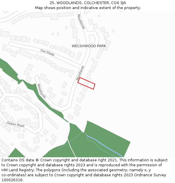 25, WOODLANDS, COLCHESTER, CO4 3JA: Location map and indicative extent of plot