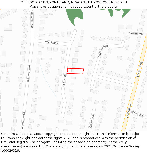 25, WOODLANDS, PONTELAND, NEWCASTLE UPON TYNE, NE20 9EU: Location map and indicative extent of plot