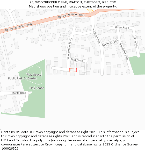 25, WOODPECKER DRIVE, WATTON, THETFORD, IP25 6TW: Location map and indicative extent of plot