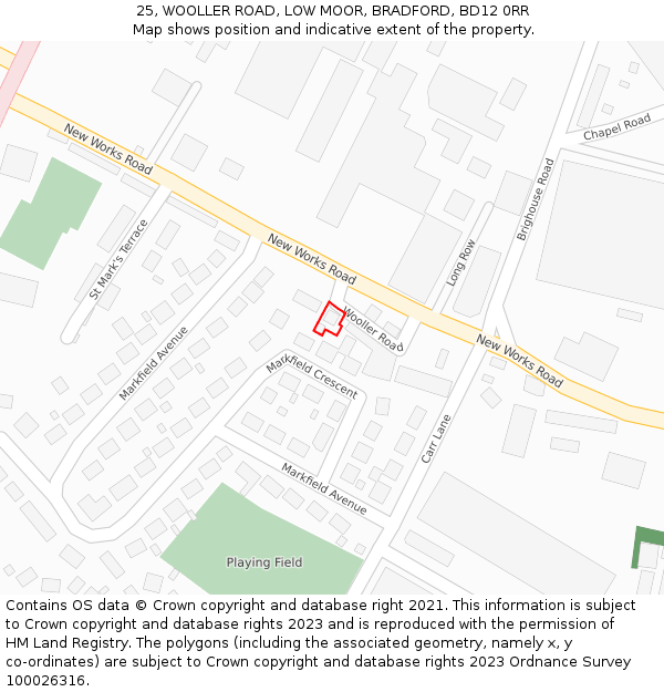 25, WOOLLER ROAD, LOW MOOR, BRADFORD, BD12 0RR: Location map and indicative extent of plot