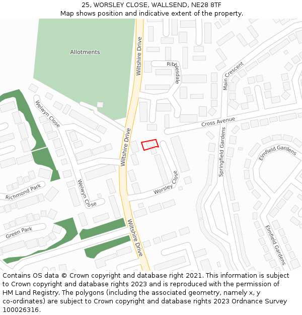25, WORSLEY CLOSE, WALLSEND, NE28 8TF: Location map and indicative extent of plot