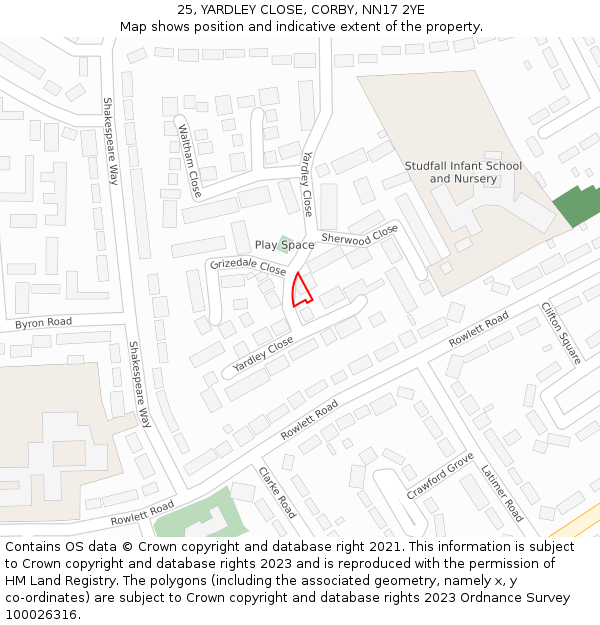 25, YARDLEY CLOSE, CORBY, NN17 2YE: Location map and indicative extent of plot