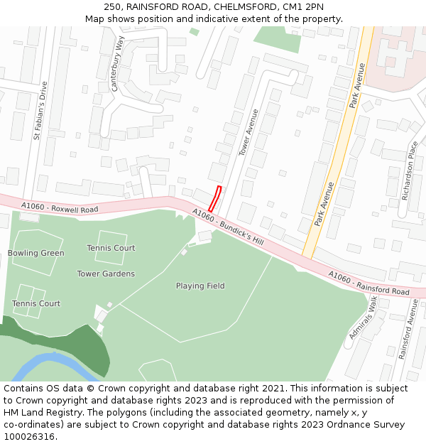 250, RAINSFORD ROAD, CHELMSFORD, CM1 2PN: Location map and indicative extent of plot