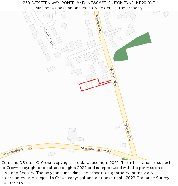 250, WESTERN WAY, PONTELAND, NEWCASTLE UPON TYNE, NE20 9ND: Location map and indicative extent of plot