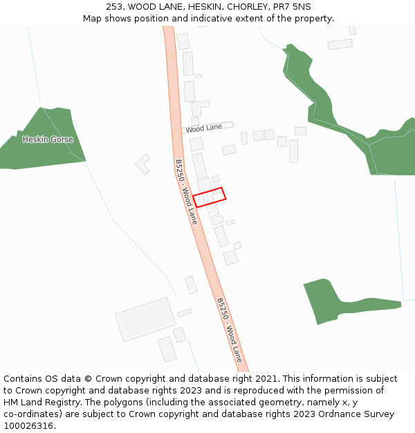 253, WOOD LANE, HESKIN, CHORLEY, PR7 5NS: Location map and indicative extent of plot