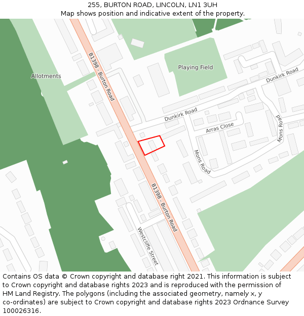 255, BURTON ROAD, LINCOLN, LN1 3UH: Location map and indicative extent of plot