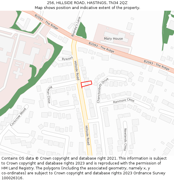 256, HILLSIDE ROAD, HASTINGS, TN34 2QZ: Location map and indicative extent of plot