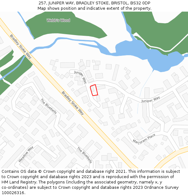 257, JUNIPER WAY, BRADLEY STOKE, BRISTOL, BS32 0DP: Location map and indicative extent of plot