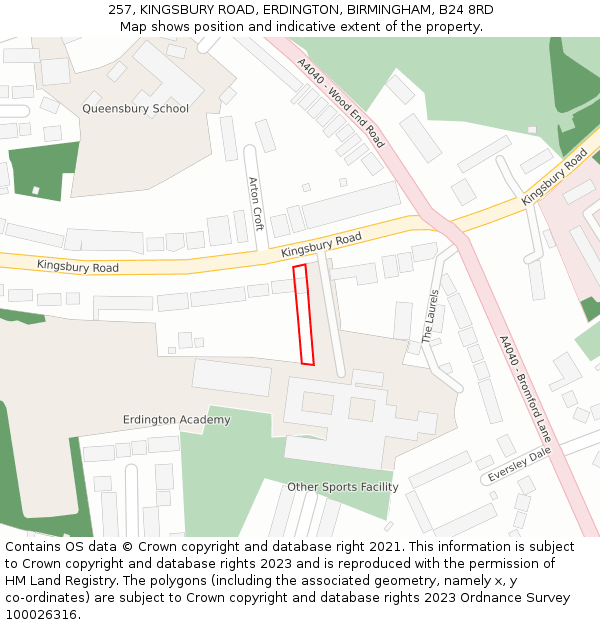257, KINGSBURY ROAD, ERDINGTON, BIRMINGHAM, B24 8RD: Location map and indicative extent of plot