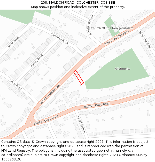 258, MALDON ROAD, COLCHESTER, CO3 3BE: Location map and indicative extent of plot