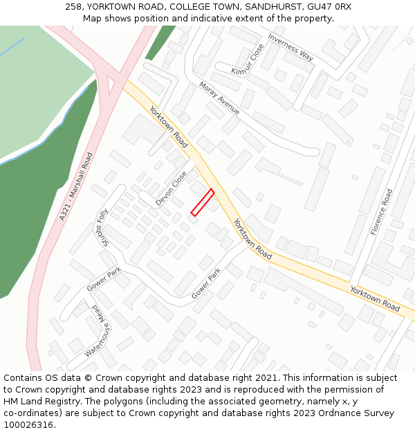 258, YORKTOWN ROAD, COLLEGE TOWN, SANDHURST, GU47 0RX: Location map and indicative extent of plot