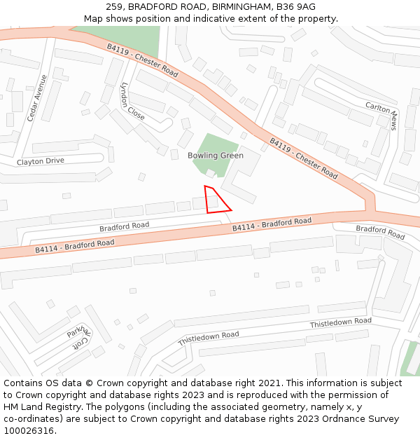 259, BRADFORD ROAD, BIRMINGHAM, B36 9AG: Location map and indicative extent of plot