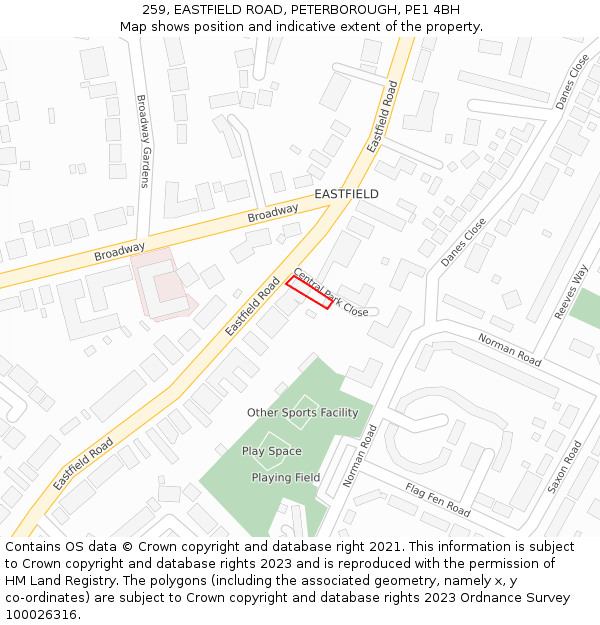 259, EASTFIELD ROAD, PETERBOROUGH, PE1 4BH: Location map and indicative extent of plot