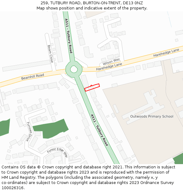 259, TUTBURY ROAD, BURTON-ON-TRENT, DE13 0NZ: Location map and indicative extent of plot
