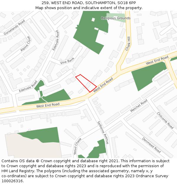 259, WEST END ROAD, SOUTHAMPTON, SO18 6PP: Location map and indicative extent of plot