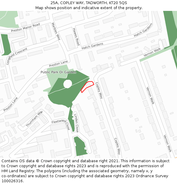 25A, COPLEY WAY, TADWORTH, KT20 5QS: Location map and indicative extent of plot