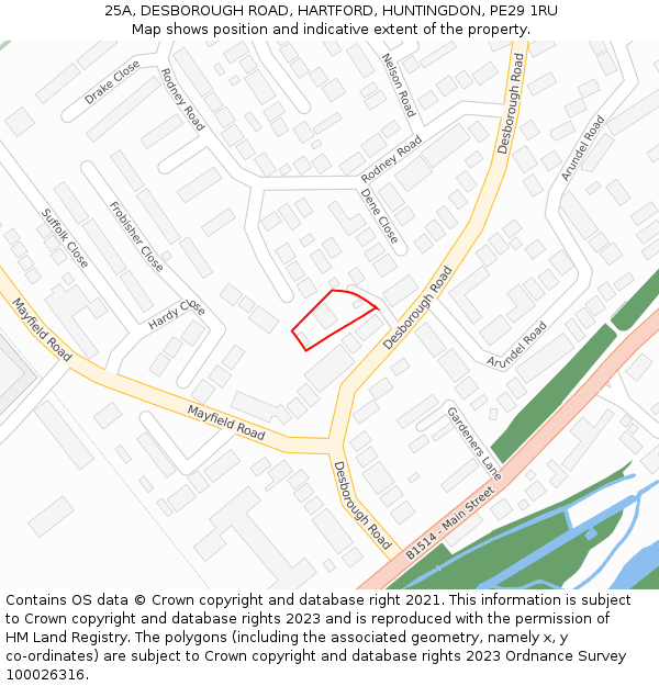 25A, DESBOROUGH ROAD, HARTFORD, HUNTINGDON, PE29 1RU: Location map and indicative extent of plot