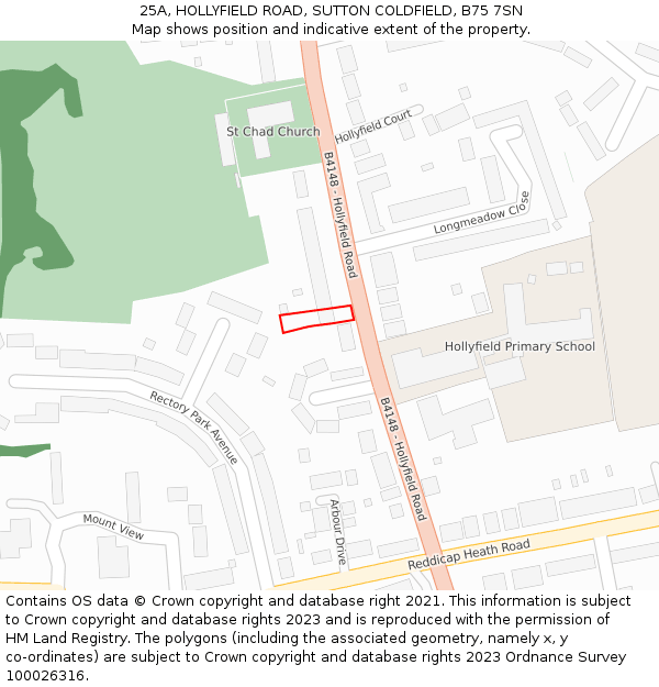 25A, HOLLYFIELD ROAD, SUTTON COLDFIELD, B75 7SN: Location map and indicative extent of plot