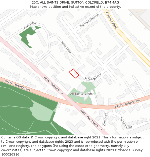 25C, ALL SAINTS DRIVE, SUTTON COLDFIELD, B74 4AG: Location map and indicative extent of plot