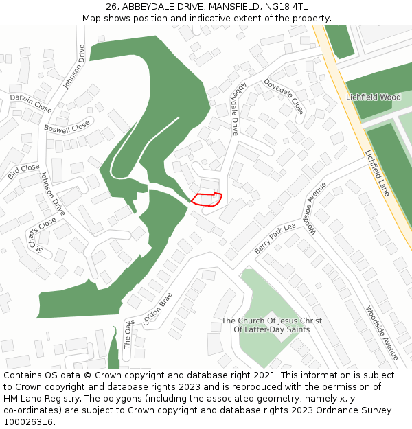 26, ABBEYDALE DRIVE, MANSFIELD, NG18 4TL: Location map and indicative extent of plot