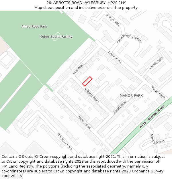 26, ABBOTTS ROAD, AYLESBURY, HP20 1HY: Location map and indicative extent of plot