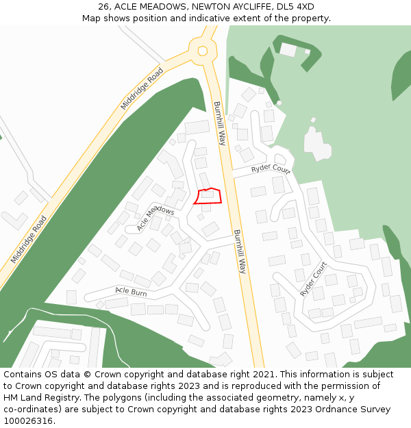 26, ACLE MEADOWS, NEWTON AYCLIFFE, DL5 4XD: Location map and indicative extent of plot