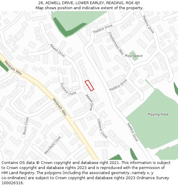26, ADWELL DRIVE, LOWER EARLEY, READING, RG6 4JY: Location map and indicative extent of plot