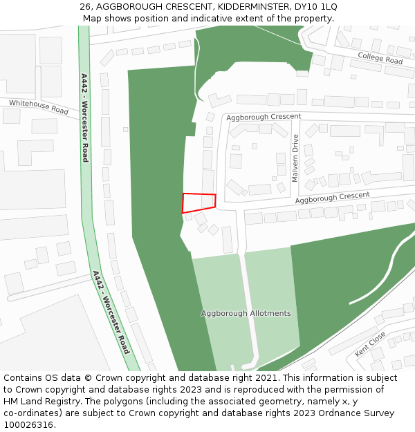 26, AGGBOROUGH CRESCENT, KIDDERMINSTER, DY10 1LQ: Location map and indicative extent of plot