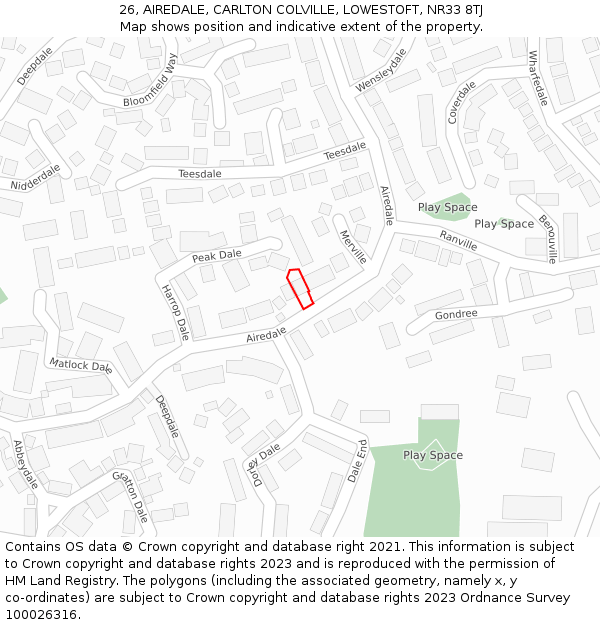 26, AIREDALE, CARLTON COLVILLE, LOWESTOFT, NR33 8TJ: Location map and indicative extent of plot