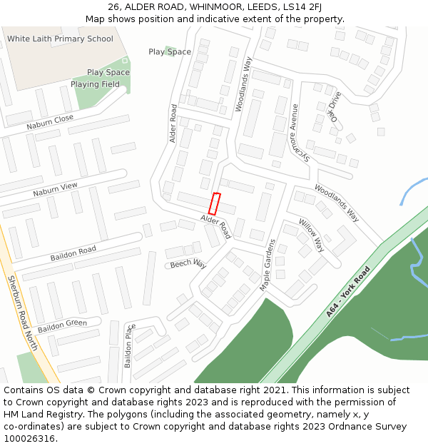 26, ALDER ROAD, WHINMOOR, LEEDS, LS14 2FJ: Location map and indicative extent of plot