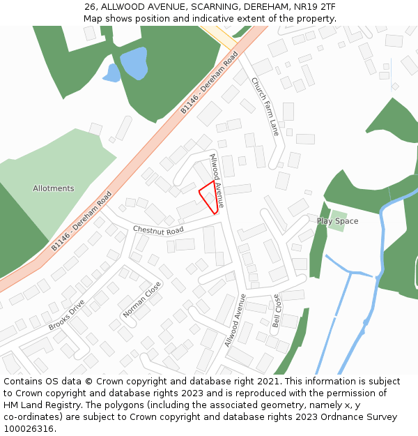 26, ALLWOOD AVENUE, SCARNING, DEREHAM, NR19 2TF: Location map and indicative extent of plot