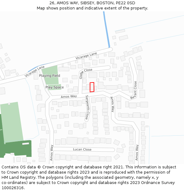26, AMOS WAY, SIBSEY, BOSTON, PE22 0SD: Location map and indicative extent of plot