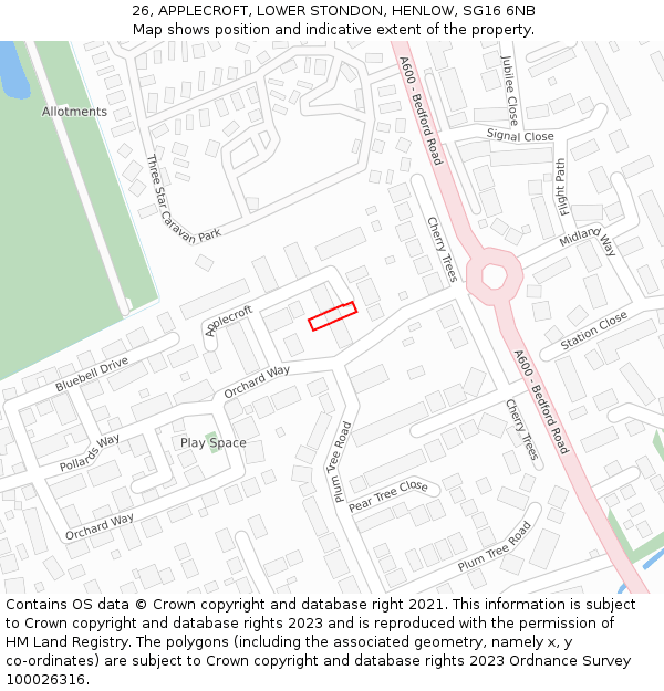 26, APPLECROFT, LOWER STONDON, HENLOW, SG16 6NB: Location map and indicative extent of plot